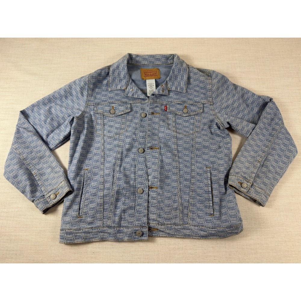 Levis Boys XL Denim Trucker Jacket Light Wash Blue Allover Logo Print A205-L5N